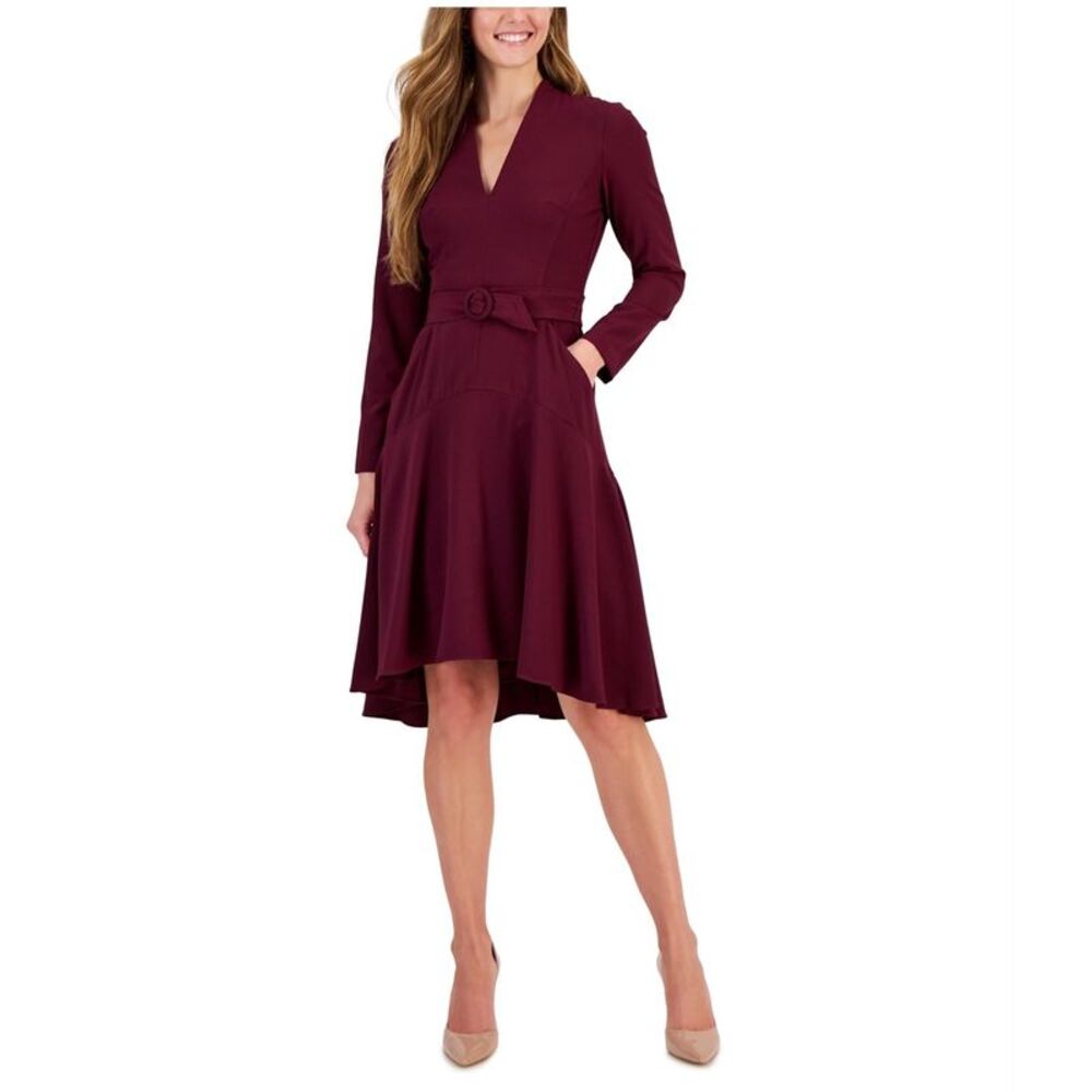 Taylor Womens Belted V-Neck Asymmetrical Dress, Red, 16, DM